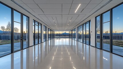 Wall Mural - Modern Office Corridor with Expansive Window Views