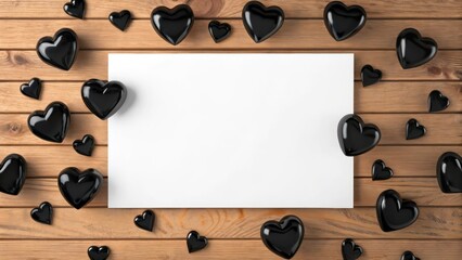 white blank card on a rustic wooden surface with black hearts, valentines day greeting card, gift id