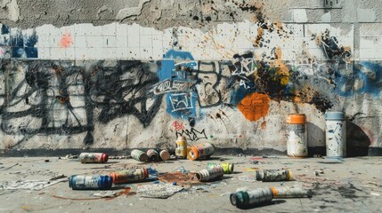 Graffiti wall with spray paint cans and stencils scattered on the ground.