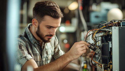 Wall Mural - Young male technician repairing air conditioner indoors