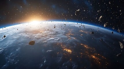 Wall Mural - a large number of small space debris orbits the earth planet