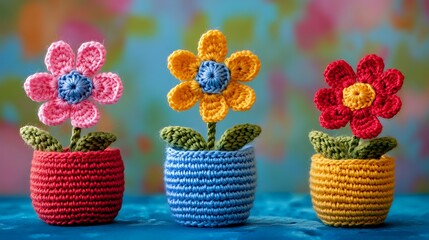 Poster - Potted flowers crochet flower pots crocheted flowers handmade crochet on colourful background