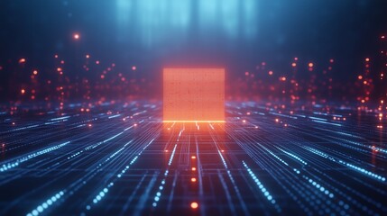 Wall Mural - futuristic circuit lines radiating from a glowing central cpu processor on a sleek blue tech backgro