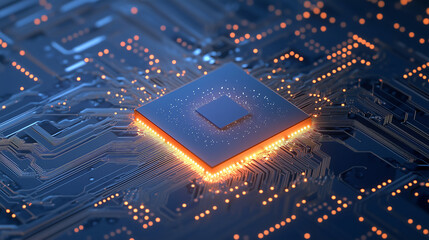 Wall Mural - glowing ai chip on a light circuit board with sleek reflections, minimalist monochrome blue tones, a