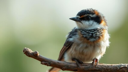 Close up of a sick swallow chick sitting on a branch, looking off into the distance with longing as it waits for its mother to return, outdoors, waiting