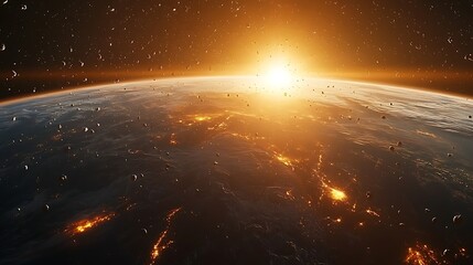 Wall Mural - a large number of small space debris orbits the earth planet