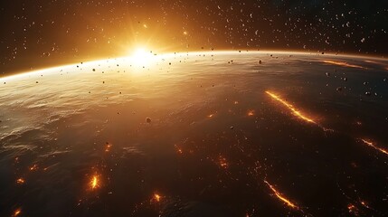Wall Mural - a large number of small space debris orbits the earth planet