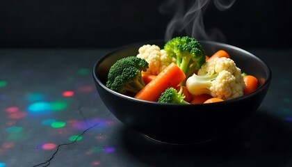 Wall Mural - Steaming Bowl of Vegetables on a Dark Surface with Colorful Light Reflections