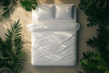 White bed with two pillows and blanket surrounded by tropical plants, promoting sleep hygiene