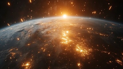 Wall Mural - a large number of small space debris orbits the earth planet