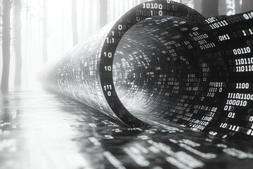 Poster - A surreal representation of data flowing through a cylindrical tunnel, merging nature and technology in a captivating, digital landscape.
