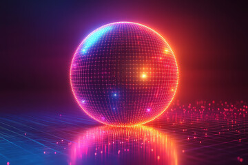 Poster - Vibrant digital sphere with colorful lights and reflections, creating an immersive and futuristic atmosphere. Perfect for tech and art themes.