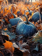 Wall Mural - Blue Pumpkins on Leaves