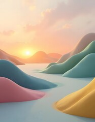 Wall Mural - Abstract landscape with pastel mountains and a gentle sunrise creating a peaceful scene