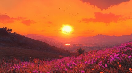 Wall Mural - Vibrant sunset over valley with blooming wildflowers and distant mountains