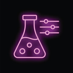 Wall Mural - Neon icon of an erlenmeyer flask with three buttons adjusting its contents, glowing purple on a black background