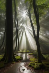 Canvas Print - Forest, sun rays come through tree