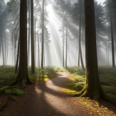 Canvas Print - Forest, sun rays come through tree