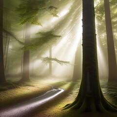 Canvas Print - Forest, sun rays come through tree