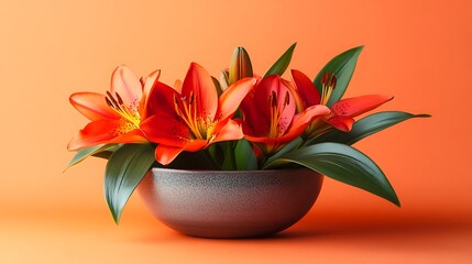 Poster - red lily with leaf tropical flowers in a ceramic bowl isolated on colourful background background with clipping path