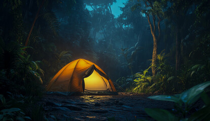 a cozy jungle tent under the night sky, rainforest setting, adventure travel concept,
