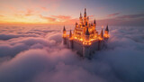 Glowing castle on floating island beneath misty horizon, fantasy wonder