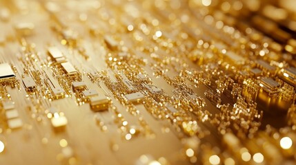 Wall Mural - close-up view of a detailed electronic circuit board with golden traces and components, highlighting
