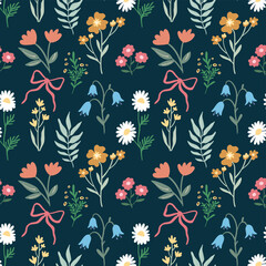 Wall Mural - Spring and summer seamless pattern with beautiful flowers, bluebells and coquette bows, decorative wallpaper, trendy background