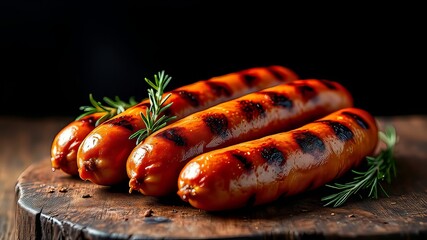 Wall Mural - Grilled Sausages with Herbs on Rustic Wood - Vibrant AI Food Photography