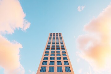 Tall modern building reaching towards a bright sky with fluffy clouds, symbolizing urban life