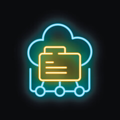 Wall Mural - neon glowing icon of folder data sharing over cloud network on a black background