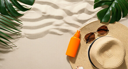 Wall Mural - Sunscreen, sunglasses and straw hat resting on sandy beach with tropical leaves