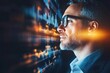 © affa_dreams - Thoughtful businessman analyzing data visualizations on transparent screen, representing innovation, technology, and strategic decision-making in a digital environment