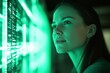 © affa_dreams - Woman gazing thoughtfully at illuminated digital display, showcasing glowing green hues and futuristic technology, contemplating data and innovation with intrigue and curiosity.