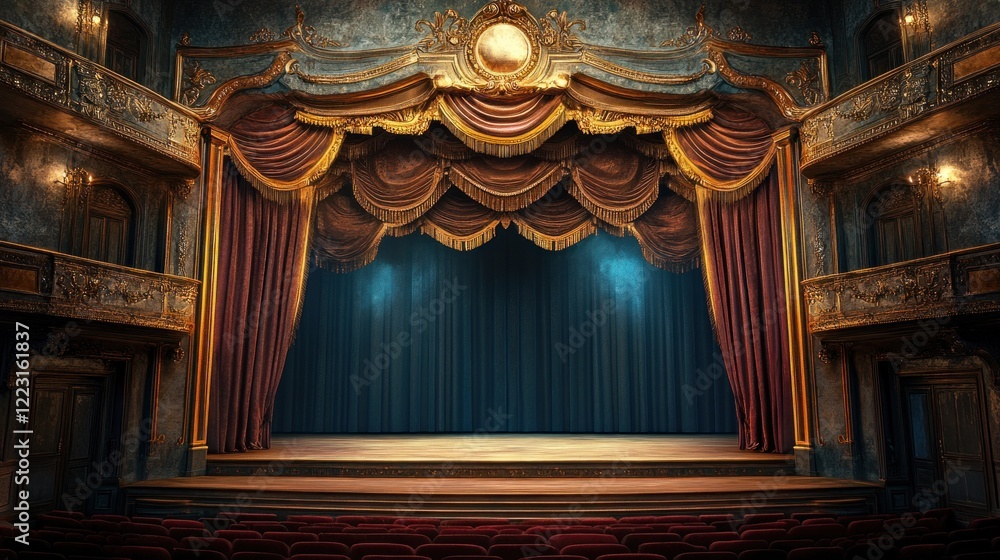 Grand theatre stage with velvet curtains and golden trim and detailed ...