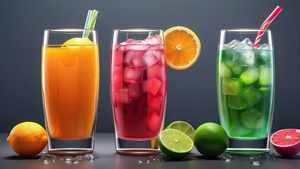 A vibrant arrangement of refreshing drinks against a dark background.