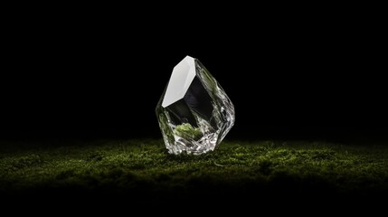 Clear quartz crystal on moss against black background.