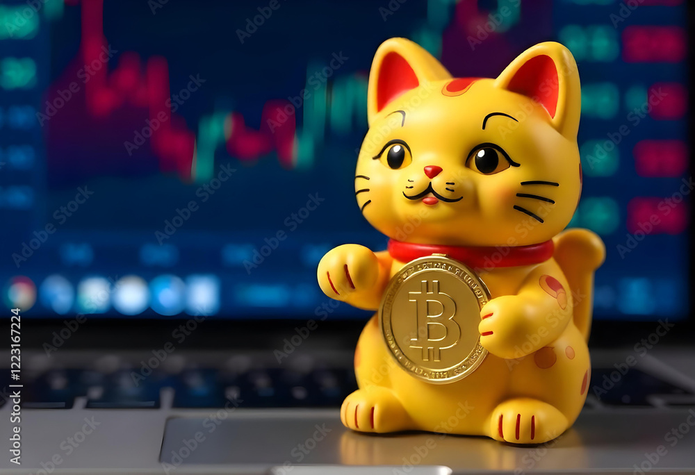 Chinese animal cat figurine with a Bitcoin coin and financial stock ...