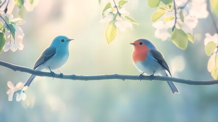 A colorful birds perched on a tree branch, surrounded by vibrant green leaves and soft sunlight filtering through the canopy