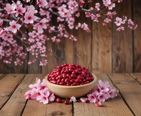 Sticker - Beans with cherry blossoms isolated on a wooden background, tranquility, pattern