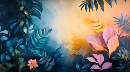 Wall Mural - vibrant tropical foliage backdrop with striking radiant floral patterns and a modern ethereal aesthe