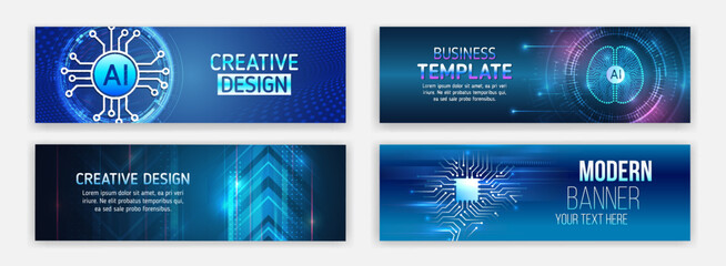 Wall Mural - High-tech horizontal banner template. Modern banner design with technology element. Data protection, internet communication, science, big data, cover design set. Sci-fi vector sample concept.