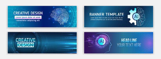 Leinwandbilder - Data protection, internet communication, science, big data, cover design set. Sci-fi vector sample concept. High-tech horizontal banner template. Modern banner design with technology element.