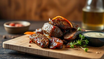 Canvas Print - Deliciously glazed sausages on wooden board, accompanied with sauces and garnish