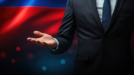 person in suit gestures against vibrant red and blue background