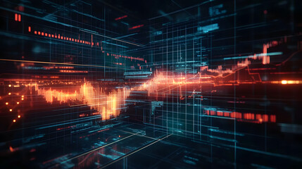 Wall Mural - digital financial chart with glowing lines and data visualization on a dark background.