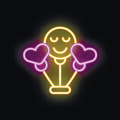 Wall Mural - Neon illustration featuring a smiling lightbulb character holding two purple hearts, conveying love, happiness, and positive emotions