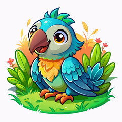 Wall Mural - Vector illustration of a baby parrot on the grass on white background - Generative AI
