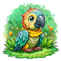 Wall Mural - Vector illustration of a baby parrot on the grass on white background - Generative AI

