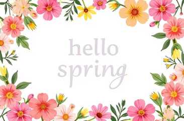  The inscription Hello spring, around spring flowers of pastel colors, white background.
